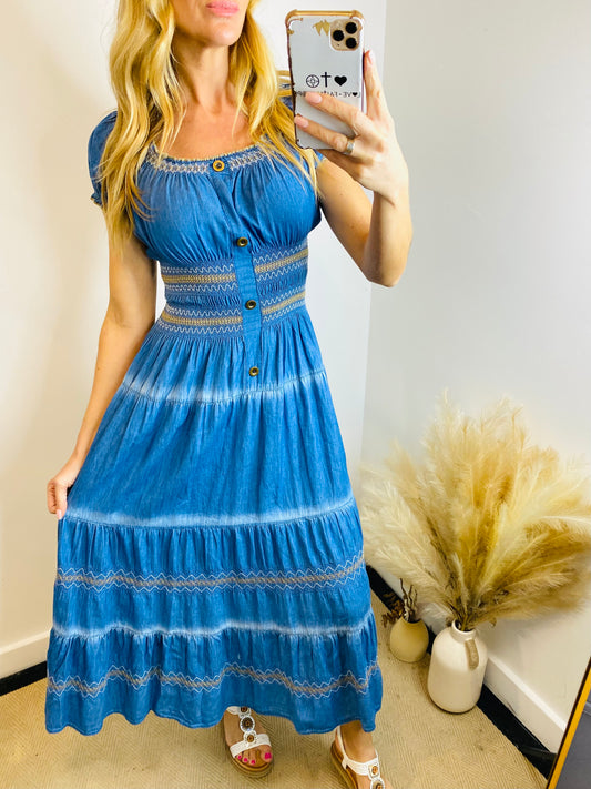 OLIVIA - Bardot Gypsy Style Denim Maxi Dress