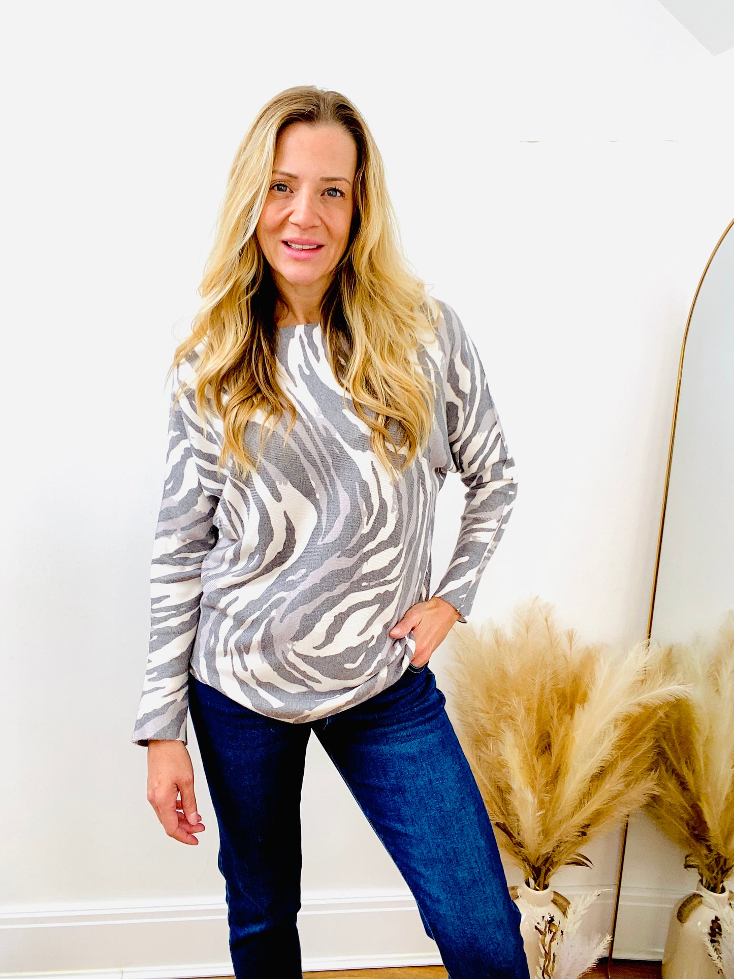 GEMMA - Grey & Stone Animal Print Knit Top By Chilli & Charm