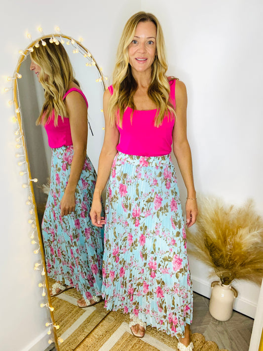FREYA - Pleated Floral Print Maxi Skirt In Aqua