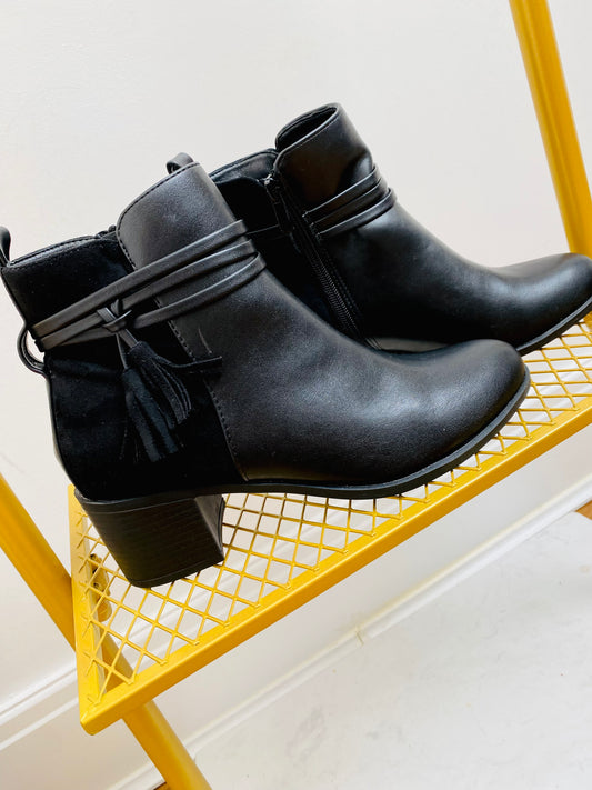 URBAN - Black Faux Leather & Suede Tassel Ankle Boot