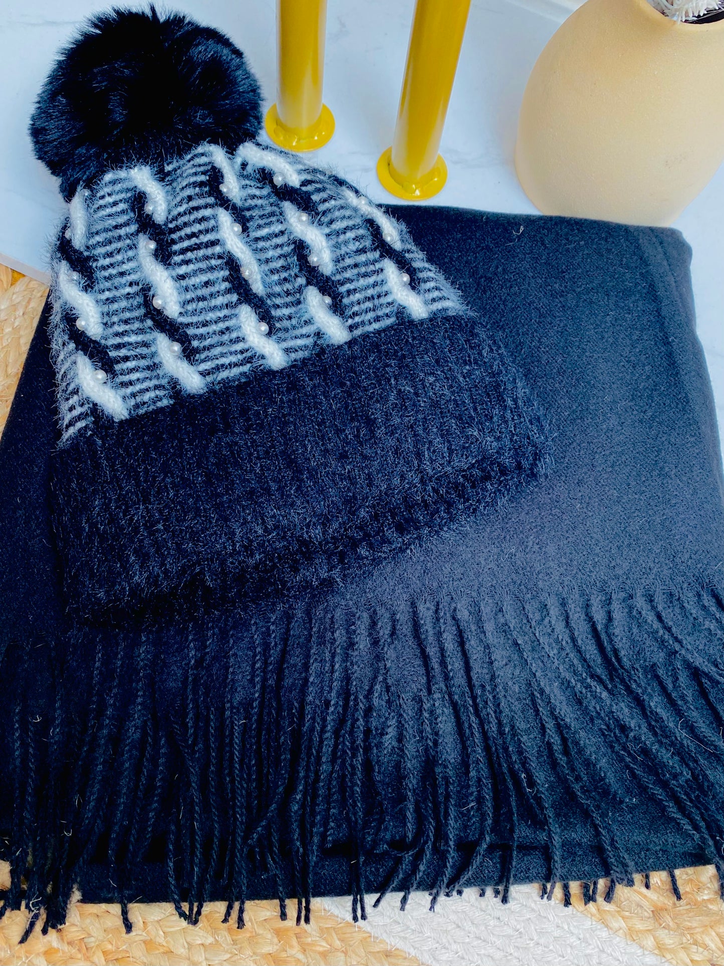 BUNDLE 3 - Black & White Pearl Hat & Plain Black Scarf