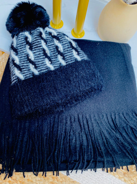 BUNDLE 3 - Black & White Pearl Hat & Plain Black Scarf