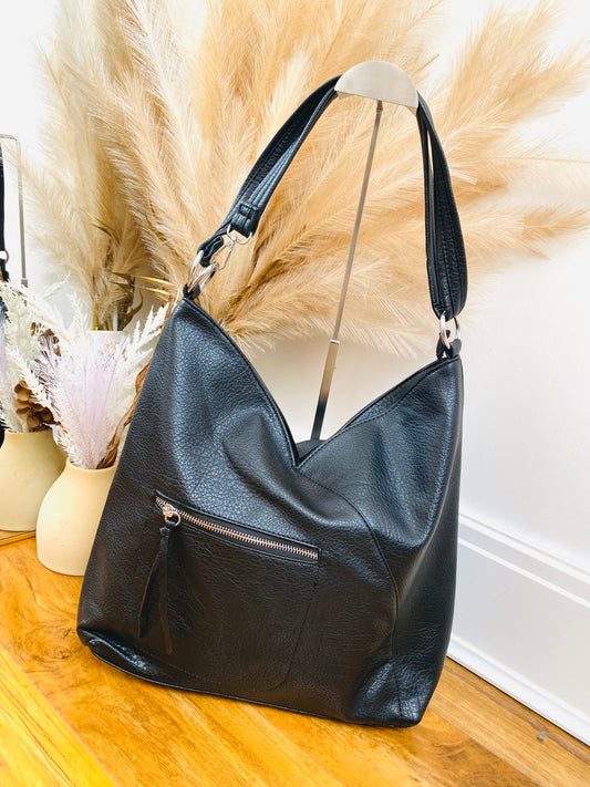 Faux leather touch shoulder bag with silver zip and front pocket