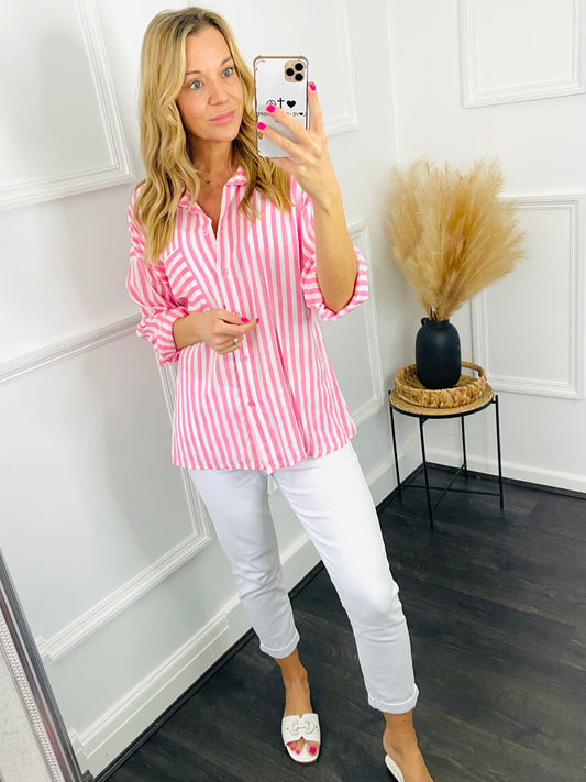 LACEY - Pale Pink Stripe Pocket Shirt