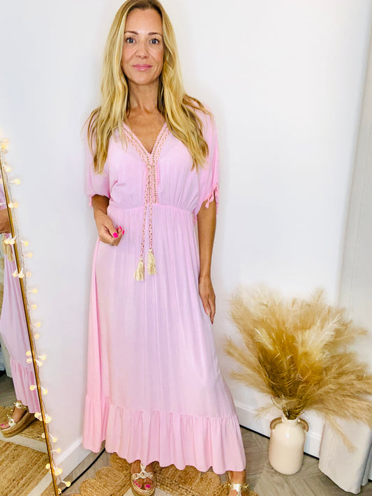 ANNIE - Plain Tassel Kaftan Maxi Style Dress Pink (CLEARANCE)