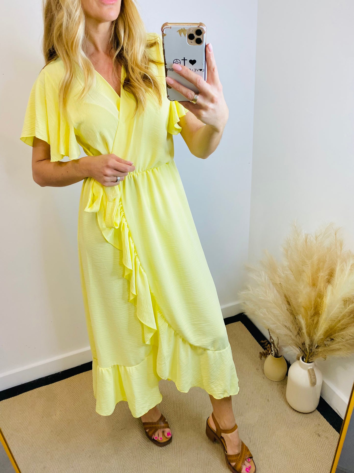 DARA - Plain Ruffe Wrap Style Dress In Lemon