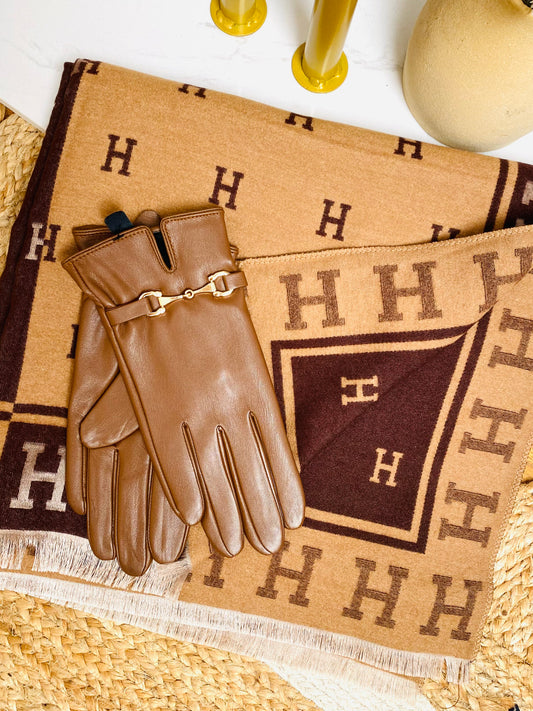 BUNDLE 6 - Chocolate Faux Leather Gloves & Chocolate & Caramel Luxury Look Scarf