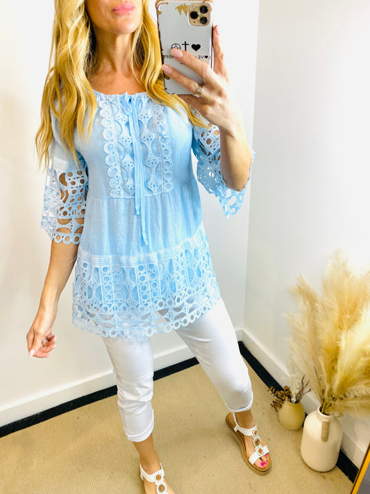 EBBA - Crochet Smock Style Top In Baby Blue