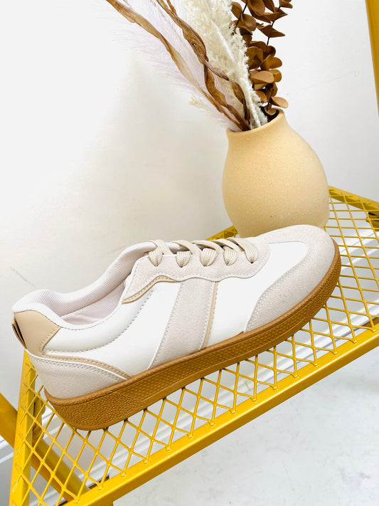ATLANTA - Beige & Cream Faux Leather & Suede Gum Sole Trainer