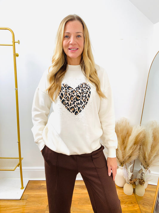 LEONA - Ivory Longline Leopard Heart Sweatshirt By Chilli & Charm