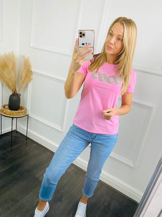 COCO - Pink Fitted Style Diamante T-Shirt