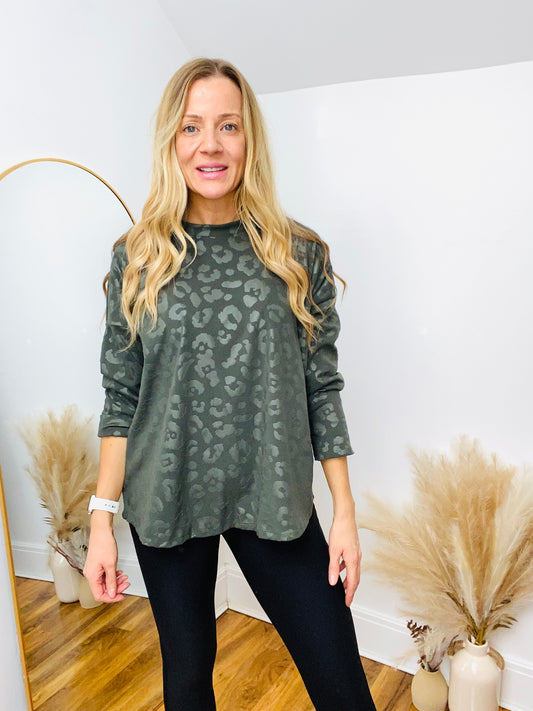 KHAKI VELVET ANIMAL PRINT TOP