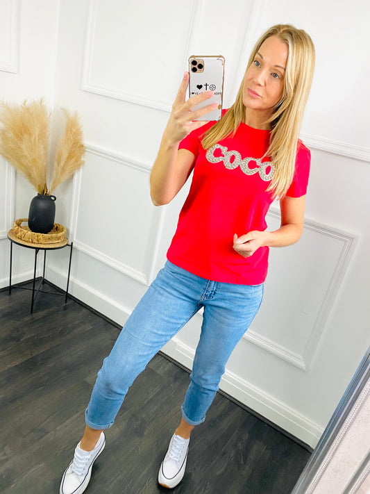 COCO - Red Fitted Style Diamante T-Shirt