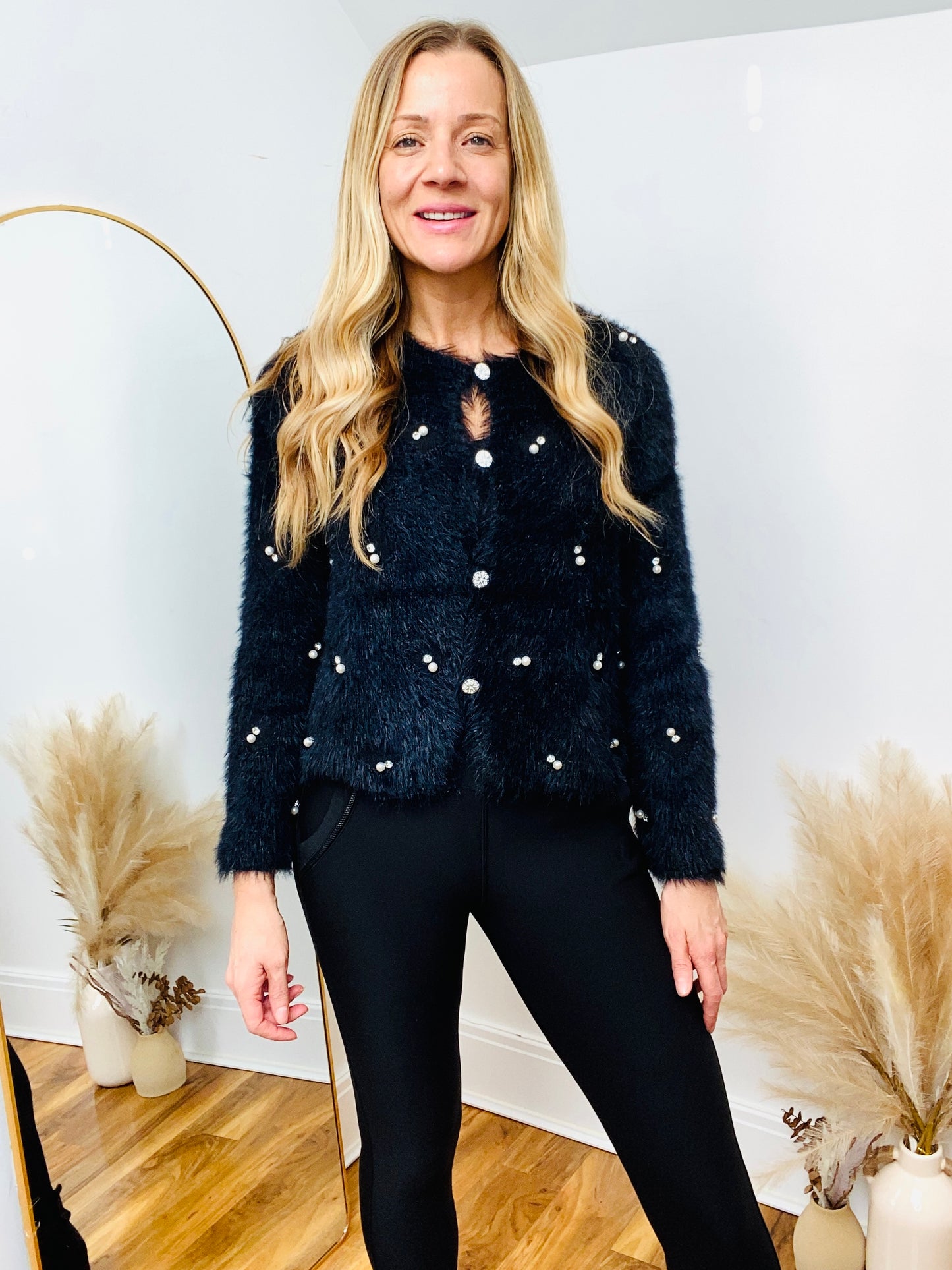 OLIVIA - Diamante & Pearl Super Fluffy Cardigan In Black (CLEARANCE)