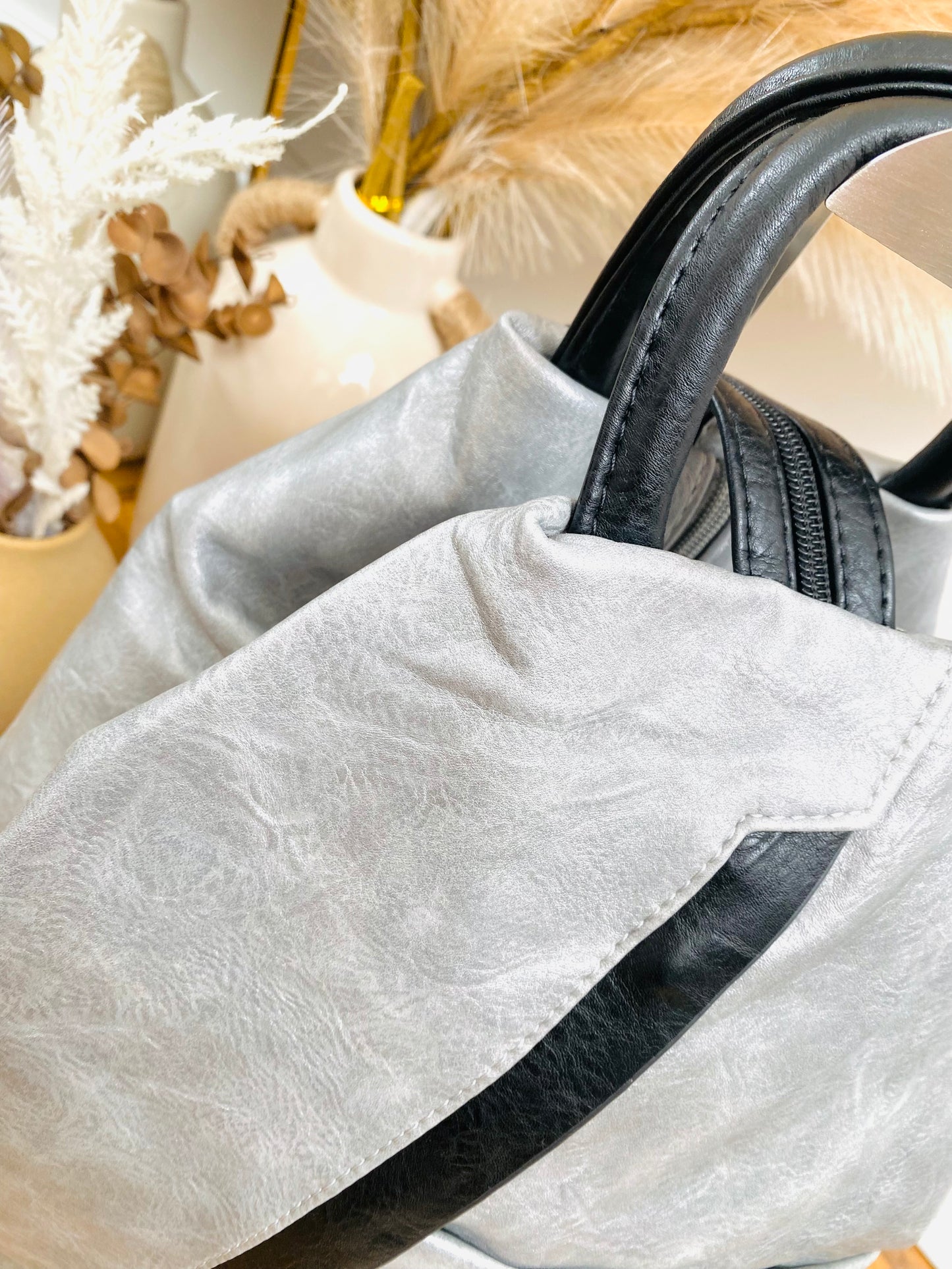 Top handle faux leather black and grey ruck sack