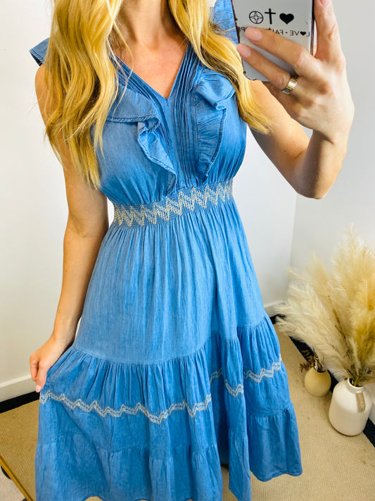 ONYA - Ruffle Gypsy Style Denim Maxi Dress