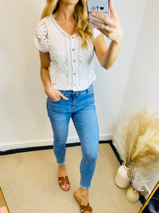 ELSA - Cotton Crochet Cap Sleeve Cardigan In White