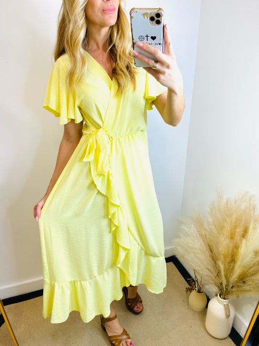 DARA - Plain Ruffe Wrap Style Dress In Lemon