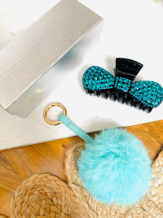 BUNDLE 10 - Boxed Aqua Diamante Claw Clip & Pom Pom Keyring