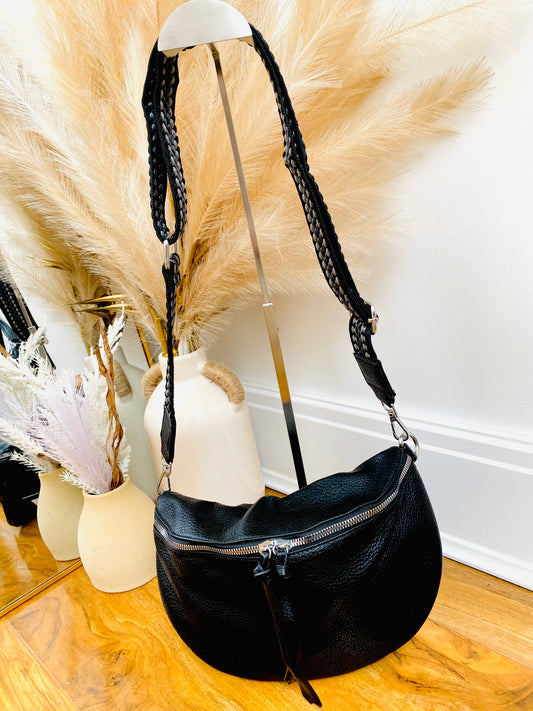 Black faux leather black crossbody bum bag with silver hardware