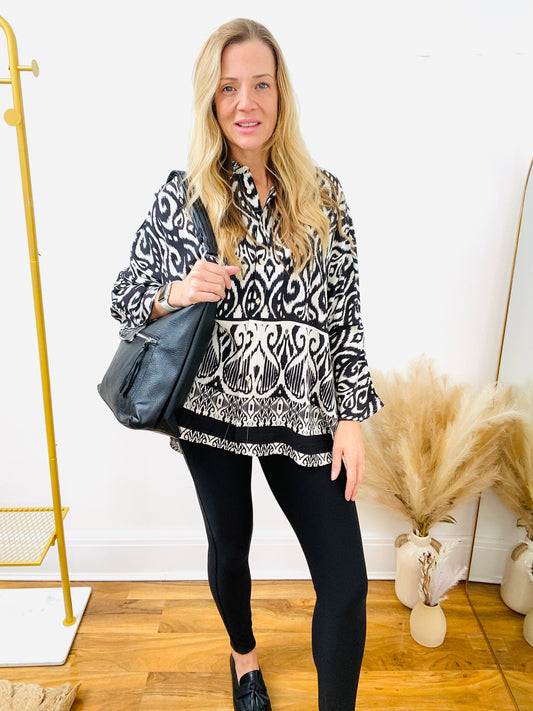Black & white oversized paisley print shirt