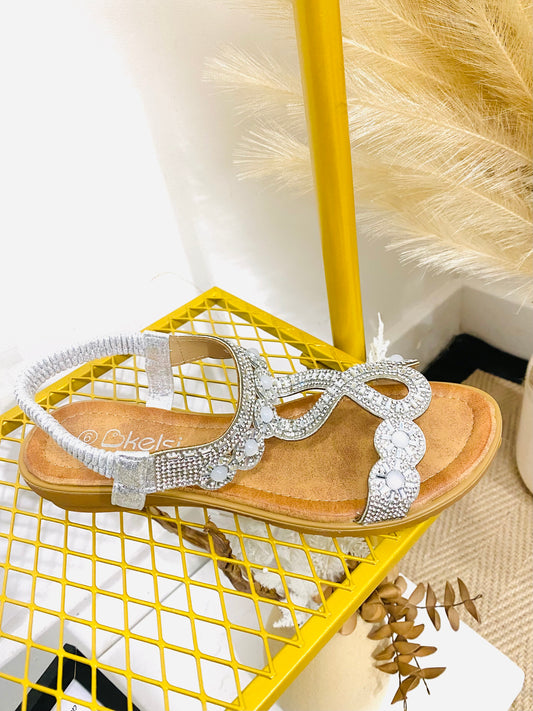 CYPRUS - Diamante Elastic Strap Sandal In Silver