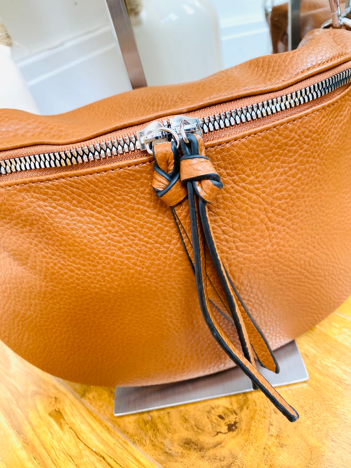 CASSEY - Tan Faux Leather Cross Body Bum Bag With Canvas Strap