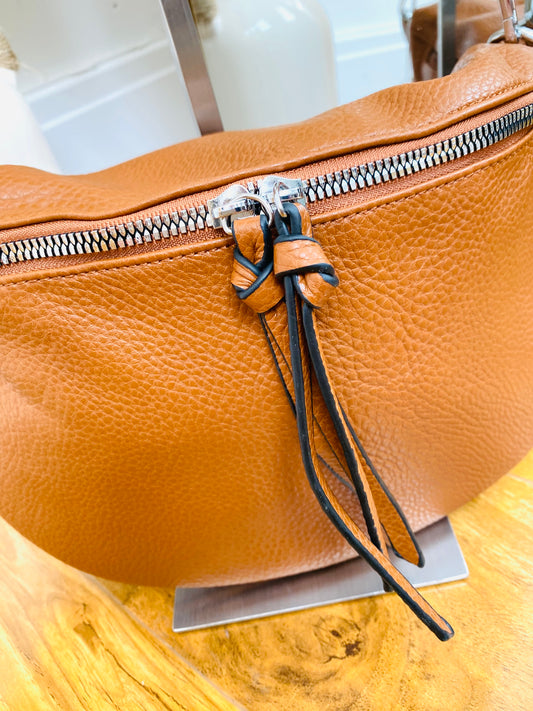 CASSEY - Tan Faux Leather Cross Body Bum Bag With Canvas Strap