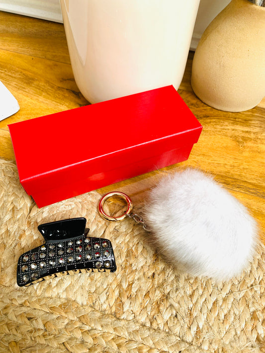 BUNDLE 13 - Boxed Pewter Diamante Claw Clip & Pom Pom Keyring