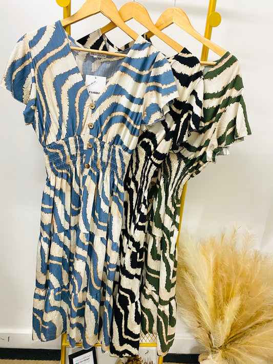 TRUDY - Zebra Print V Neck Button Midi Dress