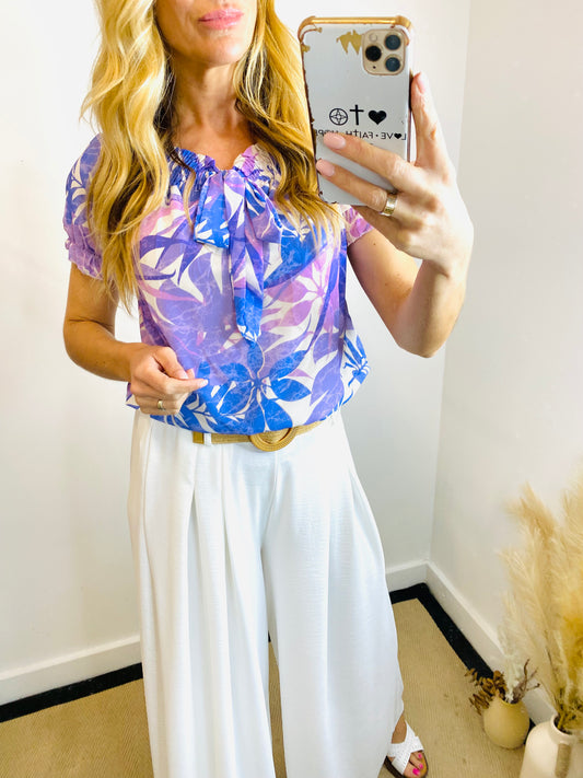 PIPPA - Tropical Print Bardot Top In Lilac