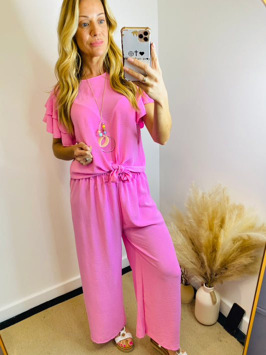 AIMEE -  Tie Top Short Sleeve Necklace Co-ord Set In Bubble Gum Pink