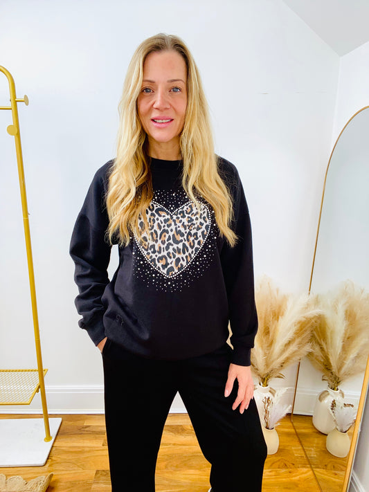 LEONA - Black Longline Leopard Heart Sweatshirt By Chilli & Charm
