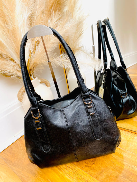 YANA - Black Faux Leather Triple Compartment Shoulder Bag