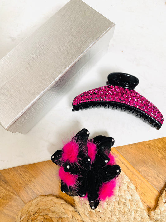 BUNDLE 12 - Boxed Fuchsia Diamante Claw Clip & Pom Pom Scrunchie