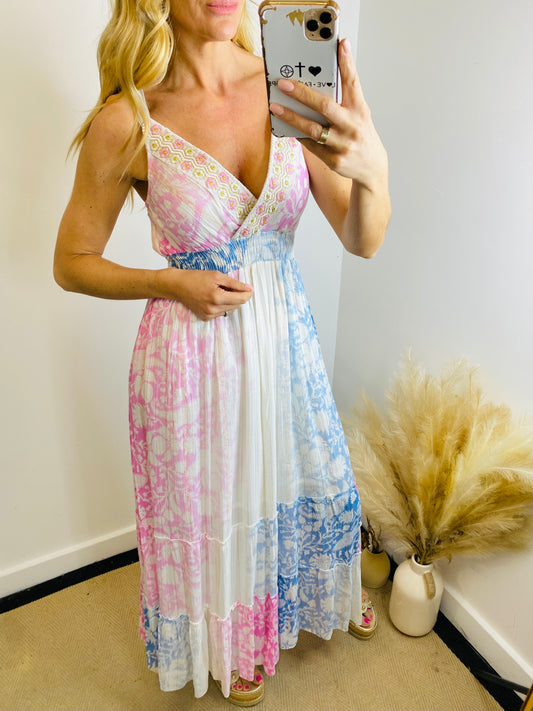 SOFIA - Pastel Floral Multi Print Strap Maxi Dress In Pink & Blue