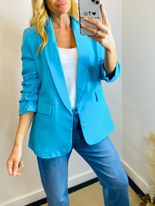 JODIE - Ruched Sleeve Blazer In Turquoise