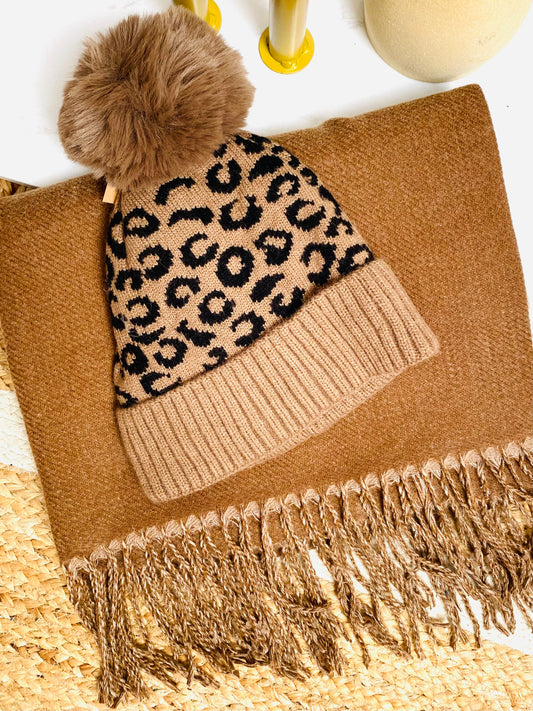 BUNDLE 2 - Mocha Leopard Hat & Mocha Plain Scarf