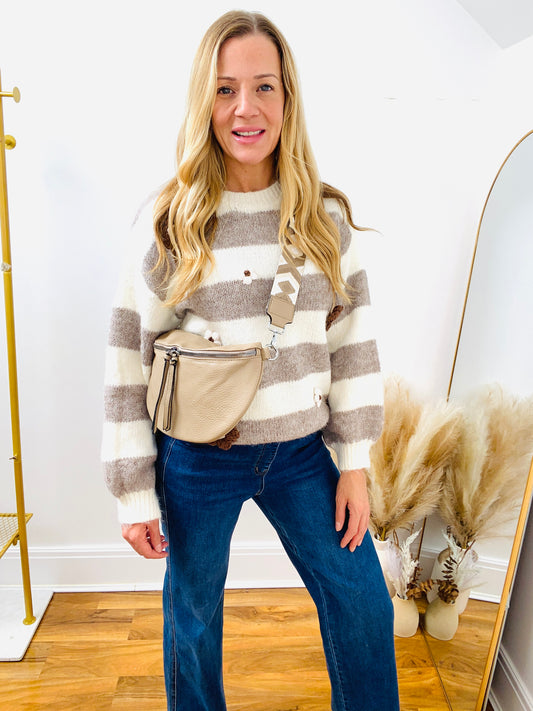 CASSEY - Beige Faux Leather Cross Body Bum Bag With Canvas Strap