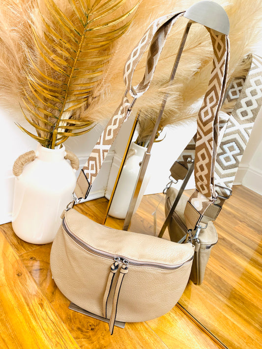 CASSEY - Beige Faux Leather Cross Body Bum Bag With Canvas Strap