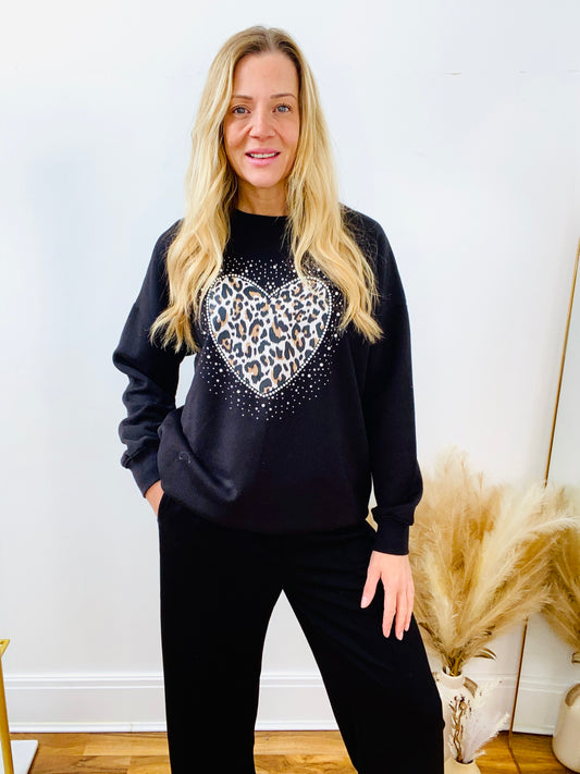 LEONA - Black Longline Leopard Heart Sweatshirt By Chilli & Charm