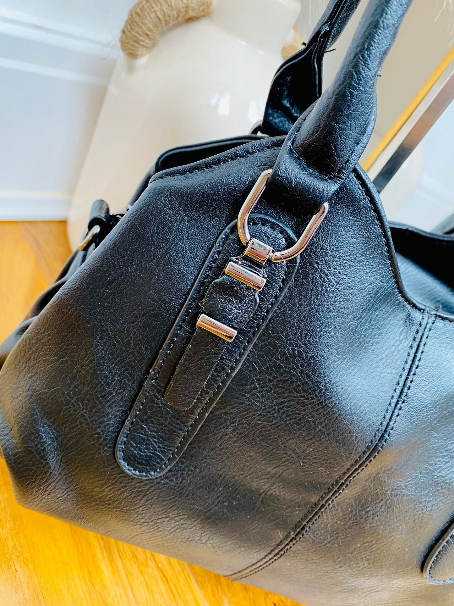 YANA - Black Faux Leather Triple Compartment Shoulder Bag