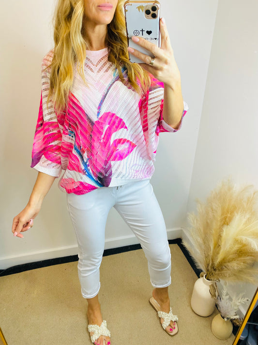 MAPLE - Floral Print Crochet Style Jumper In Fuchsia