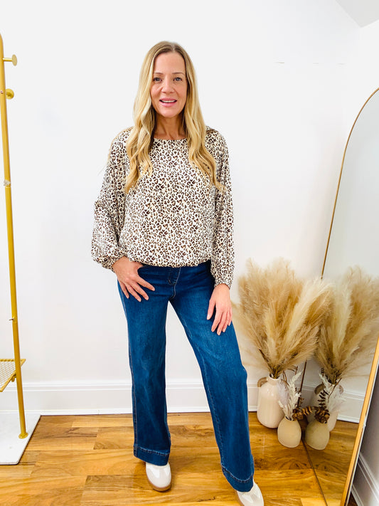 SOPHIE - Chocolate Leopard Print Long Sleeve Blouse By QED London